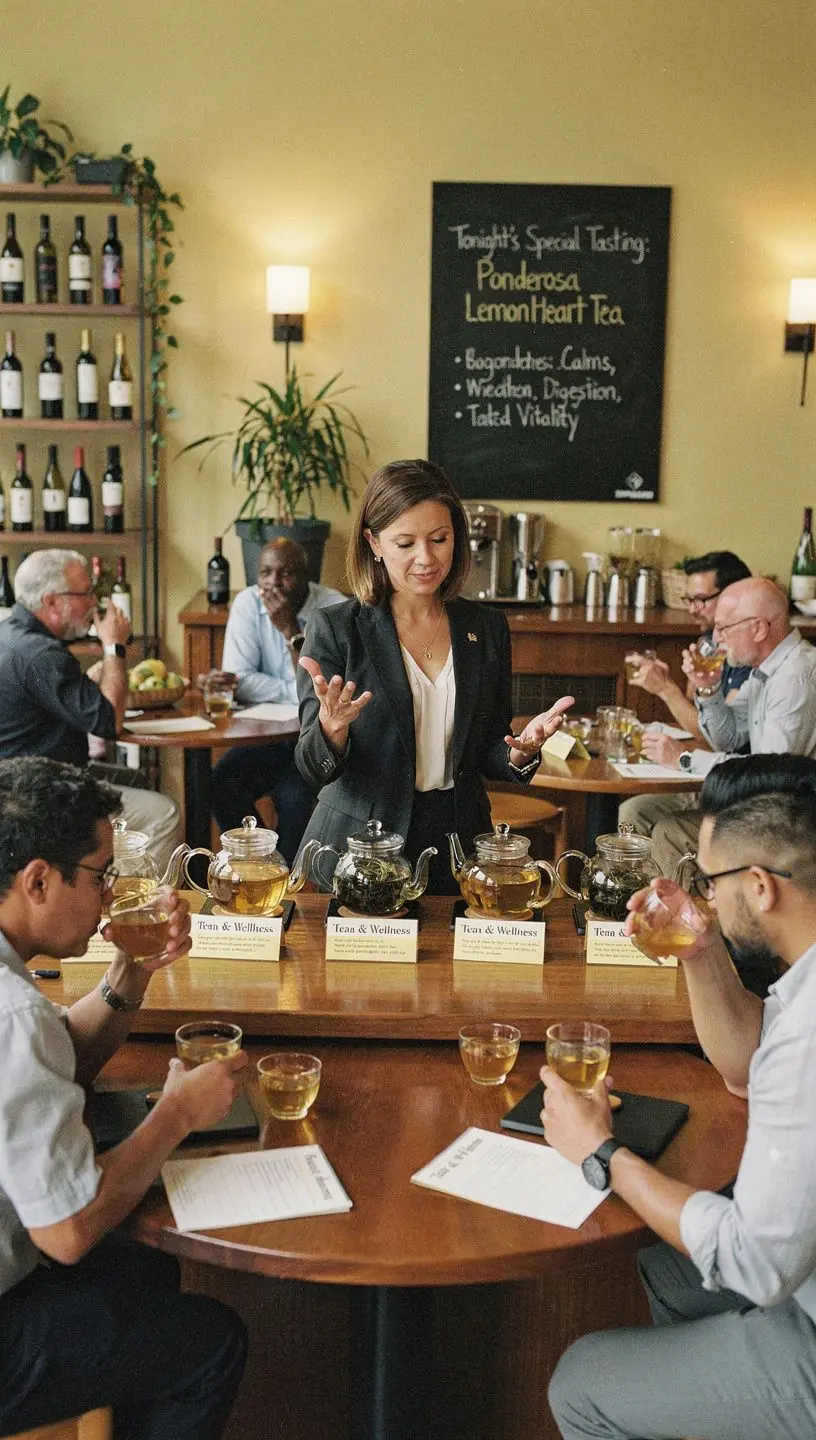 Ponderosa citrininio širdies arbatos augalas, išsiskiriantis dideliais, žaliais lapais ir geltonomis citrinomis.