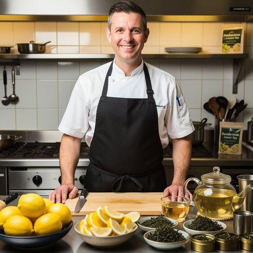 Citrinų arbatos puodelis, stovintis ant medinio stalo su gamtos fone.